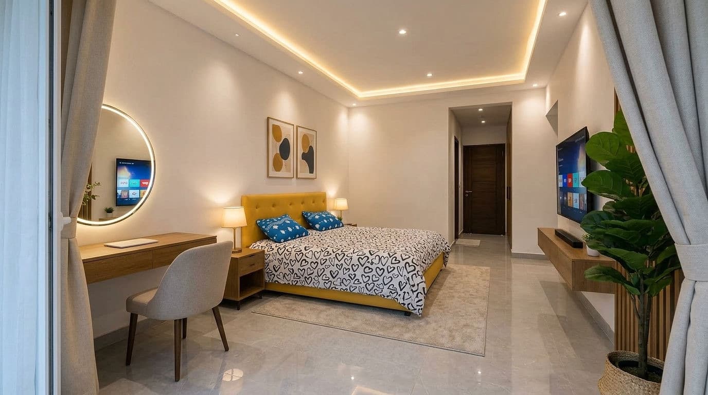 The ochre bedroom seen from the doorway, with a round lit mirror above a writing desk, a TV unit and a corridor beyond