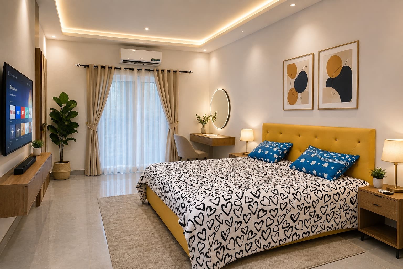 A bedroom with an ochre upholstered headboard, heart-print bedding, blue cushions, a wall-mounted TV, a desk and air conditioning