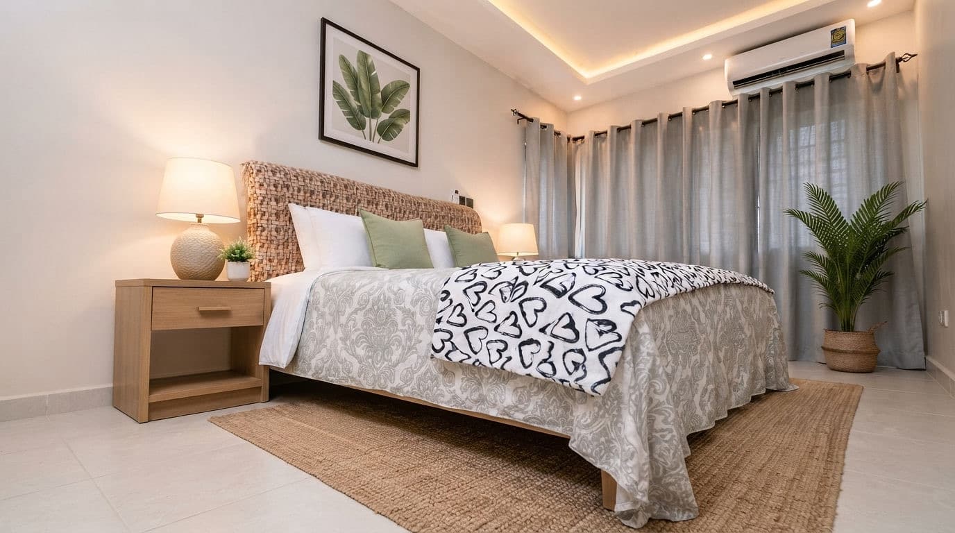 The woven bedroom from a low angle, showing the double bed, jute rug and floor-to-ceiling curtains