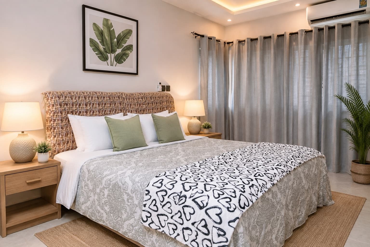 A calm bedroom with a woven rattan headboard, sage green cushions, matching bedside lamps, grey curtains and a potted palm