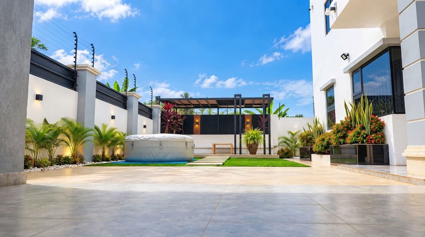 The courtyard at Baobab Nook under a clear sky