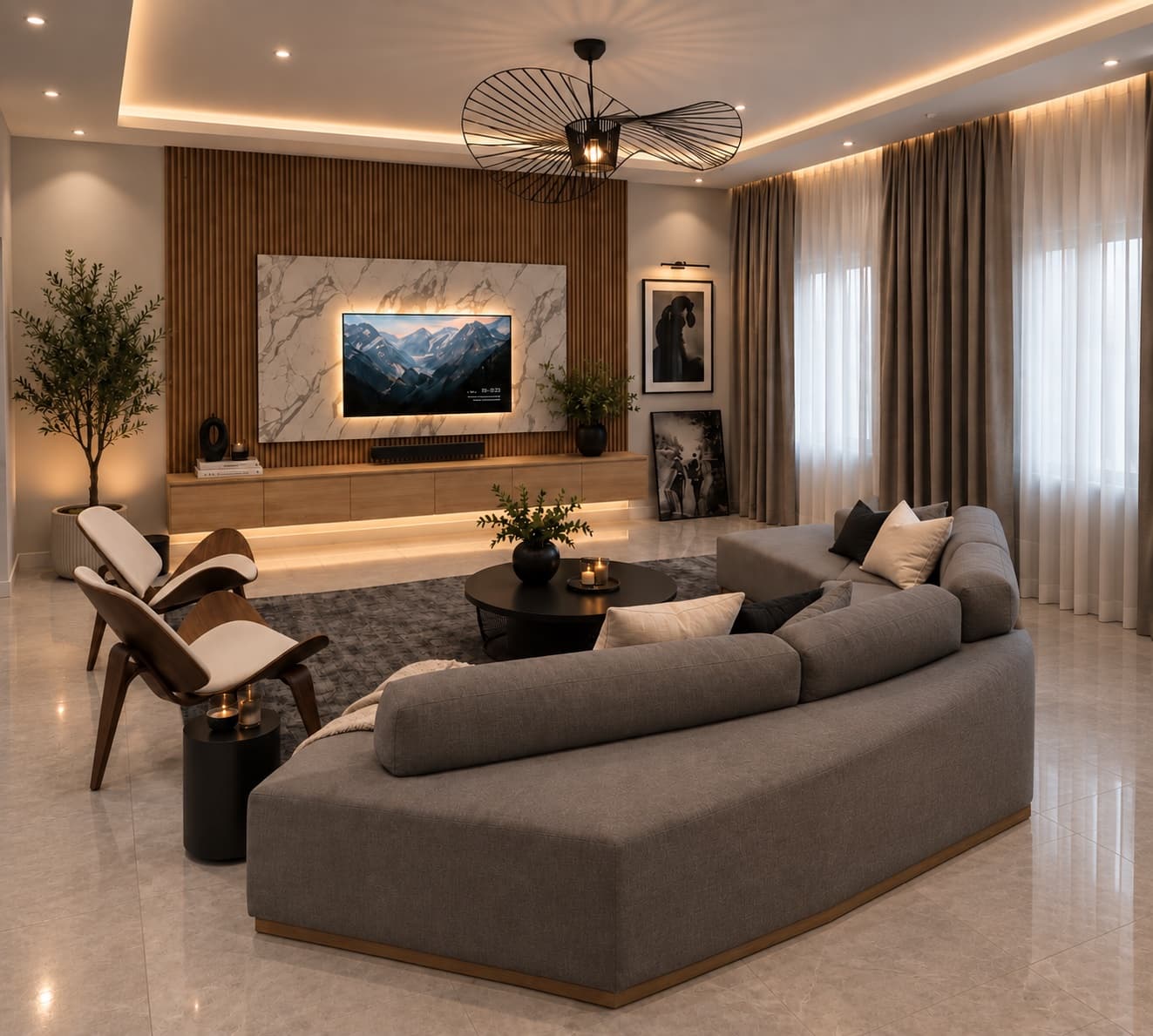 A media lounge with a curved grey sofa facing a wall-mounted TV set into a marble and timber-slatted feature wall